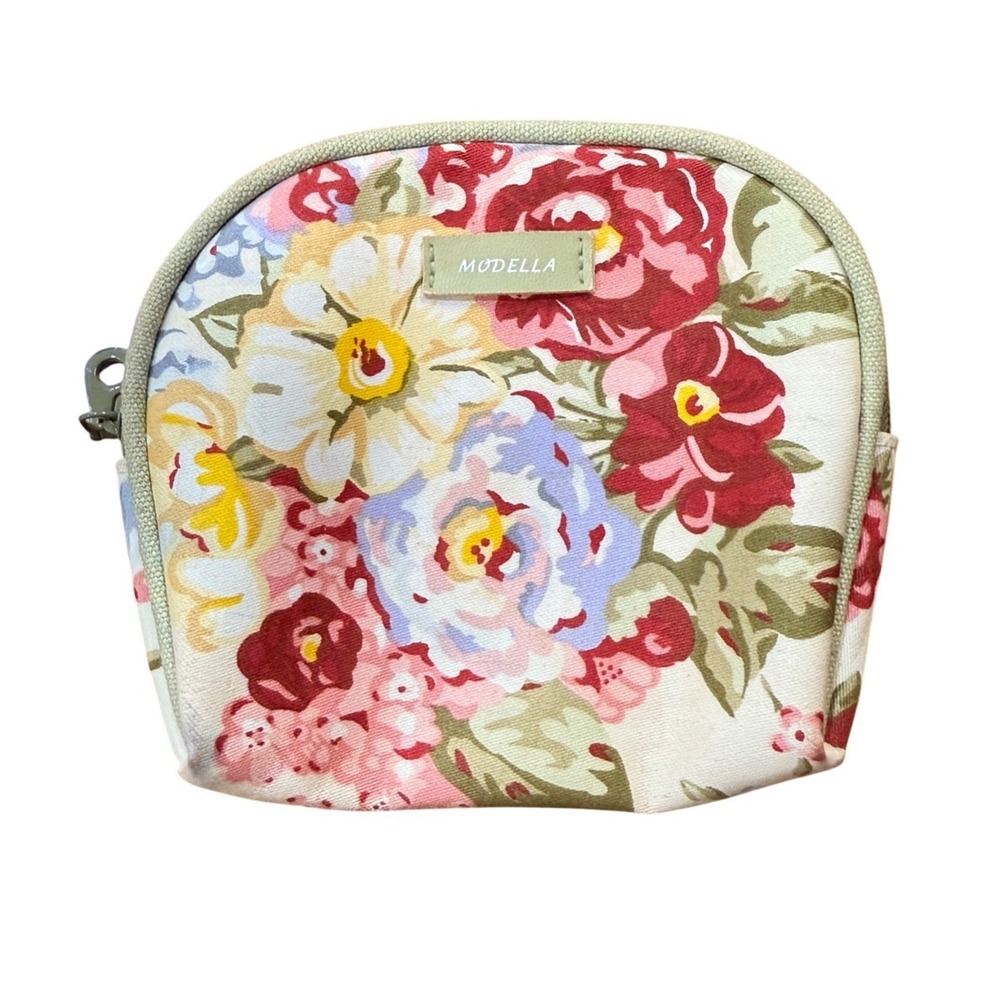 Modella Floral Makeup Bag Cream Red Green Canvas Zip Travel Cosmetic Pouch Small